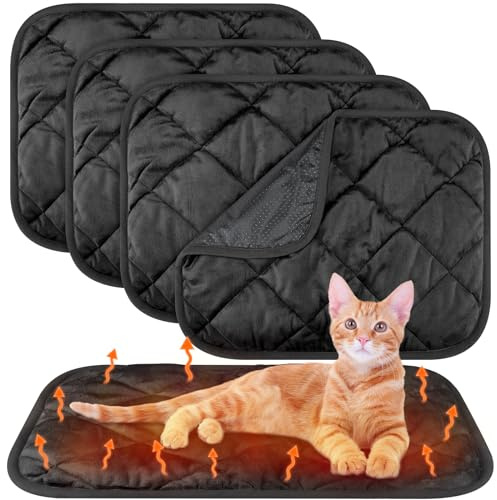 Clysee 4 Pack Self Heating Cat Pad Self Warming Dog Mat Reflects Body Heat Extra Warm Thermal Pet Pad Washable Dog Cat Bed Crate Bed Mat Blanket(Black,16 x 20 Inch)
