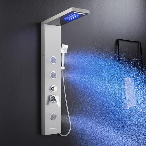 ROVATE LED duschpanel tornsystem med regnfall vattenfall dusch, duschpaneler med strålar och regn och handhållen, 5-i-1 borstat rostfritt stål duschpanelsystem högt tryck med badkarskran