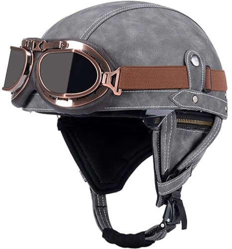 Läder halvhjälm tysk stil retro motorcykelhjälm scooter cruiser chopper anti-kollisionshjälm avtagbart hörselskydd med visir ECE-certifierad scooter mopedhjälm G, L = 58–59 cm