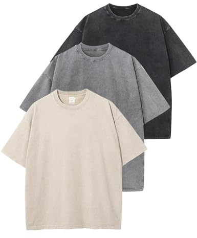 Arssm 3 Pack Men Oversized T Shirts Vintage Tee Loose Fit Short Sleeve Casual Streetwear Baggy Washed Unisex Tops(BlackGreyBeige-L)