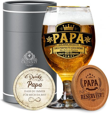 CROWNLY CRYSTAL Kristall Bierglas mit Gravur - Personalisiertes Lustiges Geschenk für Papa oder Vatertag