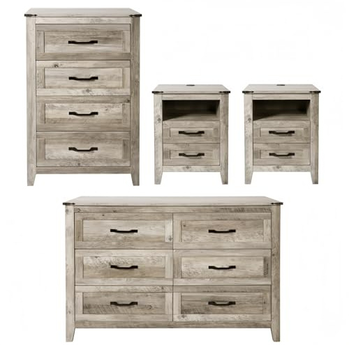 NEDYO 4PCS Farmhouse Dresser Set, Dresser and Nightstand Sets, Rustic Wooden Dresser Set. Including 6 Drawer Dresser & 4 Drawer Dresser & 2 Drawer Nightstand Set of 2 with USB. Light Rustic Oak