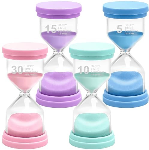 WIGUROE Sand Timer 4 Pack, Kids Hourglass Set Sandglass Sand Clock Timer 5mins/ 10mins/ 15mins/ 30mins for Children Adults Time Management Home Office Kitchen