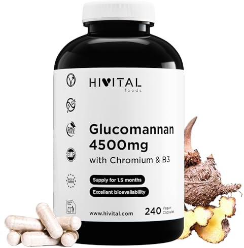 Glukomannan 4500 mg. 240 veganska kapslar för 1,5 månaders behandling. | Glukomannan från vegetabilisk fiber från Konjakroten med Krom och Vitamin B3. Tillverkad i Europa av HIVITAL