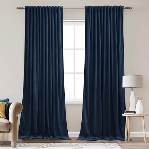 StangH Back Tab Navy Blue Curtains for Wide Sliding Door, Luxury Velvet Light Blocking Noise Reducing Drapes for Room Dividers/Boys Bedroom/Office, W62 x L96, 2 Panels
