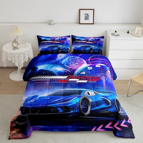 Feelyou Blue Race Car Bettwäsche-Set, volle Größe, für Kinder, Jungen, Extremsportwagen, Bettdecken-Set, Dekorationen, Teenager, Kleinkinder, Galaxie, Planet, Auto, Bettbezug-Set, cooles, modernes