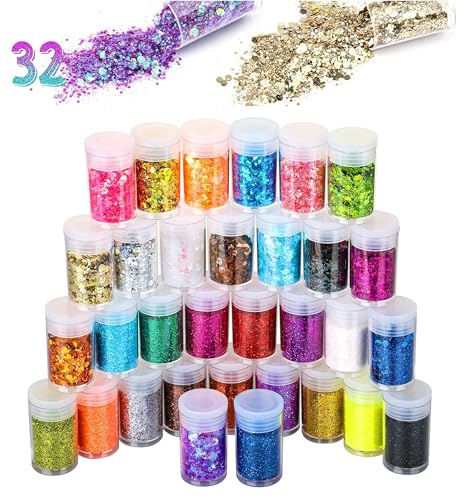EVOKK 32pcs Fine & Chunky Glitter Mix – Extra Fine & Holographic Glitter Powder for Crafting, Resin, Nail Art, Body Glitters, DIY Projects, Scrapbooking, Christmas Decorations, Art & Crafts Supplies