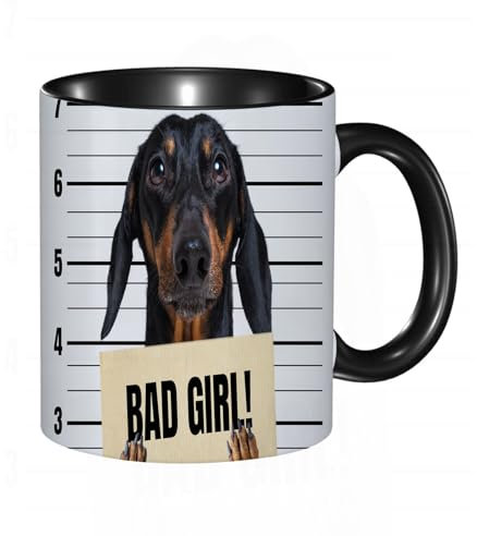 EKLMPS Tazas de Café,Taza de Cerámica para Té y Café,330ml/11oz,Regalos original,Aniversarios,nupical,desayuno,Románticos,Lindo perro salchicha de color negro y fuego sostiene con sus patas un cartel