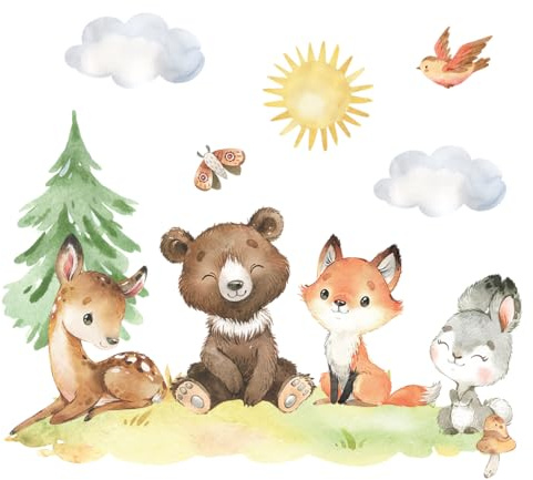 Wally Fox Wandtattoo Kinderzimmer Kinderzimmer Deko Wandtattoo Kinderzimmer Mädchen und Junge Wanddeko Wandaufkleber für Baby Grün, Braun, Rot, Grau, Waldtiere L