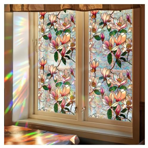 Singring Flower Privacy Window Film, Stained Glass Decals Floral Privacy Rainbow Window Films, Non-Adhesive UV Proof Static Clings Window Films Decals for Glass Window Decoration (Lotus)