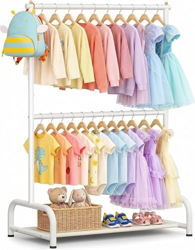 MISSLO Perchero para niños, pequeño perchero doble con estante para zapatos, de metal, para habitación de los niños, sala de juegos, color blanco