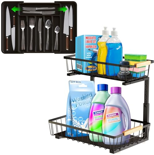 Sen-shiny Rangement sous évier métal-Organisateur sous Evier Tiroir Coulissant à Extraction avec butée-Organisateur métal sous evier Ajustable-Panier sous evier avec Range Couvert Extensible