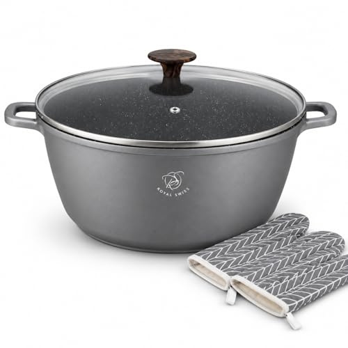 Royal Swiss Faitout 28 cm 6 L Gris Foncé, Marmite Aluminium avec Revêtement Marbre Antiadhésif, Couvercle Verre, Induction Tous Feux, Compatible Four avec des gants de cuisine