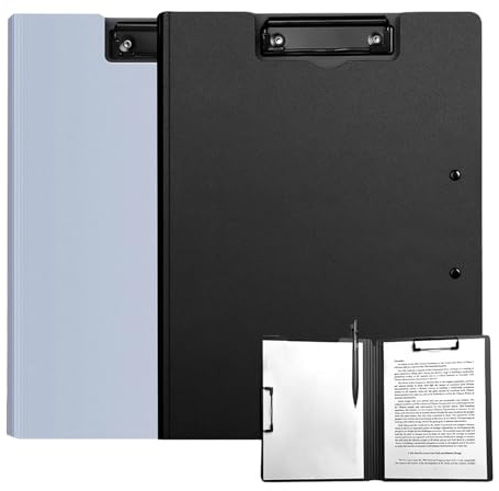 Klemmbrett A4, 2 Stück Klemmmappe A4 mit Deckel und Doppelclip Kunststoff Klemmbretter Leichtes Schreibbrett Schwarz Grau Clipboard Klemmbrettmappe für Geschäft Büro Schule Menü