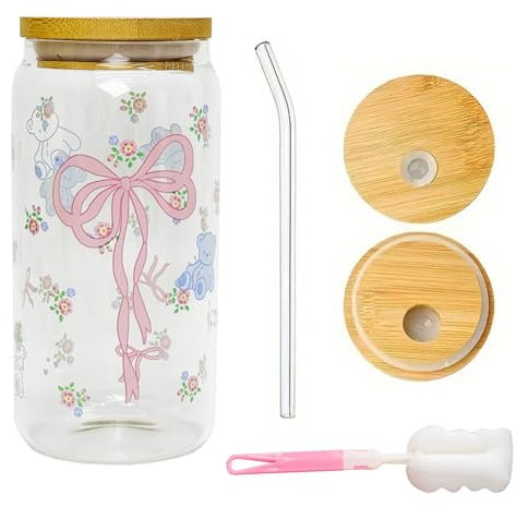 Glas mit Deckel und Strohhalm, Trinkglas mit Deckel, Strohhalme Glas, Bow Glasbecher, 500 ml Trinkgläser mit Deckel, Trinkglas mit Strohhalm und Deckel,Trinkgläser mit Deckel,für Eiskaffee,Fruchtsaft