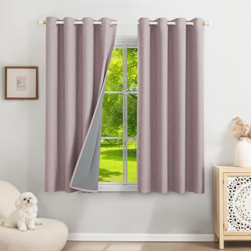 Runyéla 100% Verdunklungsvorhänge Leinen Gardinen mit Ösen 2er Set, Thermovorhang Hitzeschutz H 160 x B 140, Leinenoptik Vorhänge Blickdicht Rosa Schallschutz für Schlafzimmer Wohnzimmer