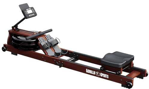 GORILLA SPORTS® Rudergerät aus Holz mit Wasserwiderstand und Bluetooth | Klappbare Rudermaschine mit 6 Widerstandsstufen, App-Anbindung, Transportrollen und Konsole für Zeit, Distanz und Kalorien
