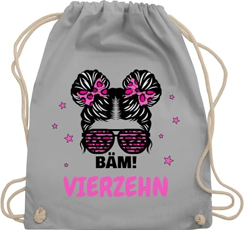 Turnbeutel Rucksack - Mädchen Messy Bun BÄM 14 Jahre alt Geschenk 14. Geburtstag Geschenke 14 Jährige I Vierzehn I 14ter - Unisize - Hellgrau - zum bäm ich bin