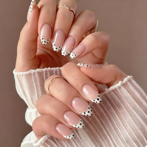 24 Stück Press on Nails kurz, Schwarze Polka Dots Mandel Nägel zum Aufkleben Acryl, Künstliche Fingernägel Zum Aufkleben, Falsche Nägel Mit Voller Deckkraft, Fake Nail für Frauen Maniküre (Black Dot)