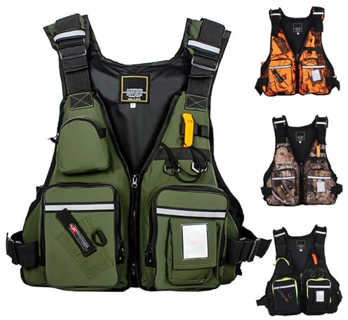 Giubbotto Salvagente Da Pesca Giubbotto Salvagente Per Adulti Con Tasche Multiple E Strisce Riflettenti Per Nuoto Attrezzatura Da Acqua Barca Kayak(Military Green)