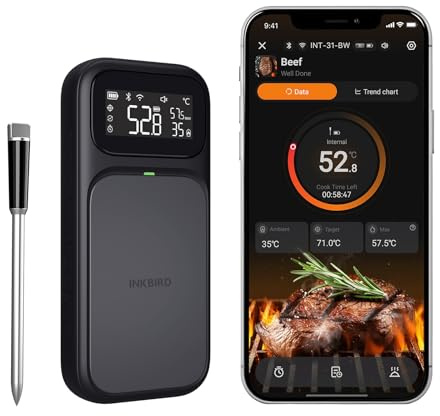 INKBIRD Termometro per Carne con Connessione Duale WiFi 5G e Bluetooth 5.4,Sonda Multi-sensore,Allarmi Temperatura e Indicatore di Cottura