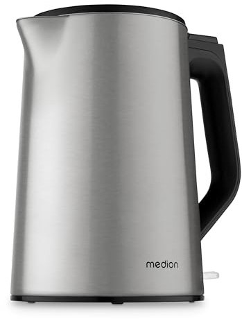 MEDION Bouilloire en inox (1,5 L, 2.200 W, base 360°, maintien au chaud, témoin LED, double paroi inox, MD12105) argenté