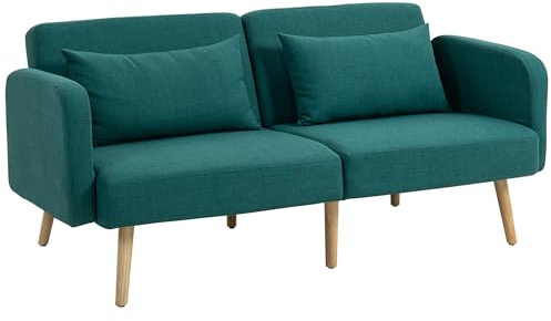 HOMCOM Canapé Convertible 3 Places, canapé-lit 2 Places, Dossier inclinable et accoudoirs réglables, clic clac en Tissu Effet Lin, Pieds en Bois Massif, 2 Coussins lavables, Vert
