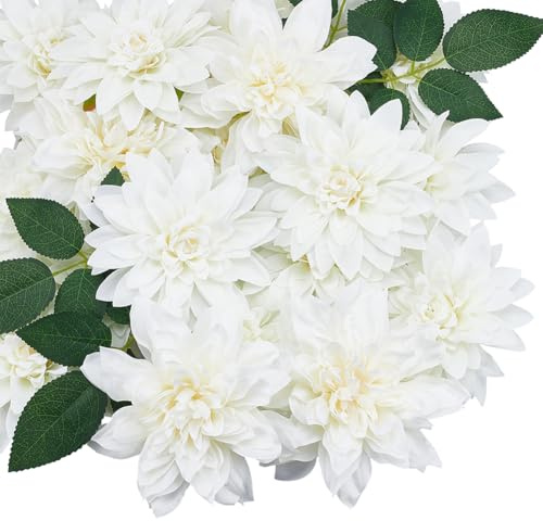INFUNLY 28 dalias artificiales blancas de 5.5 pulgadas, flores falsas de seda de imitación realistas a granel con tallos, flores artificiales para jarrón, ramos de novia, fiestas, hogar, oficina