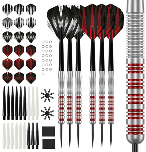 KOTO – Silver Brass Dartpfeile, 18 Gramm, Steeldarts, Inkl. Accessory Kit Steeltip 90 Stücks, 2 Sets Dartpfeile 23 G, 6 Sets Flights, 6 Sets Shafts | 18G Steeldart Pfeile, Inkl. 6 Barrels, 6 Dart Flight & 6 Shaft, Center Weighted, Ringed Grip, Runde Spitze, Messing, 57mm