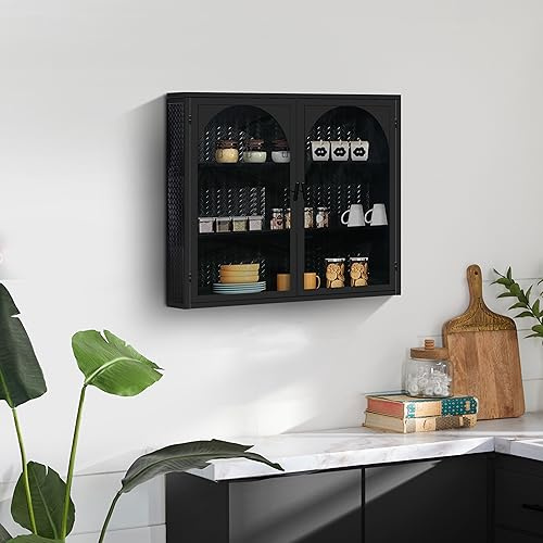 HAINEW Moderner Hängeschrank Küchenschrank Wandschrank mit 2 Gewölbte Glastür, Metal und Glas Badschrank Sideboard Hängend Medizinschrank mit Webmuster für Küche Bad, 70×23×60cm (Schwarz)