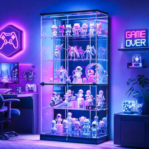 Lvifur Vitrine mit RGB Beleuchtung und Glastüren für Sammlerstücke,Wein,170cm Höhe 4-Lagen Glasvitrine Vitrinenschrank mit Intelligente Sensorik für Wohnzimmer Schlafzimmer,Schwarz