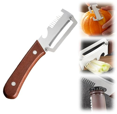 3-in-1 Vegetable Peeler with Wooden Handle – Stainless Steel Multifunctional Peeler, Julienne Cutter & Bottle Opener, Ergonomic Potato Peeler for Carrot, Apple, Kiwi (1 PC)