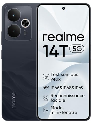 realme 14T 5G Smartphone 8+256 GB, Display Esport AMOLED 6,67 120Hz, Chip Dimensity 6300, design fluido, funzione Next AI, impermeabilità IP69, 5260 mAh, senza adattatore, colore ossidiana nero