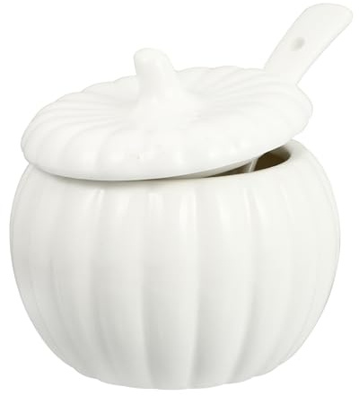 COMPUKAS Pentola per Stufato in Ceramica a Forma di Zucca Bianca Coperchio e Cucchiaio, 330ml, Resistente al Forno, per Uso Domestico in Cucina