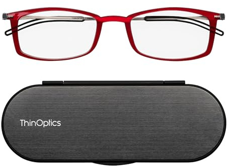ThinOptics Brooklyn Reading Glasses 2.00 Rectangular Red Frames With Milano Magnetic Case - Thin Lightweight Compact Readers 2.00 Strength