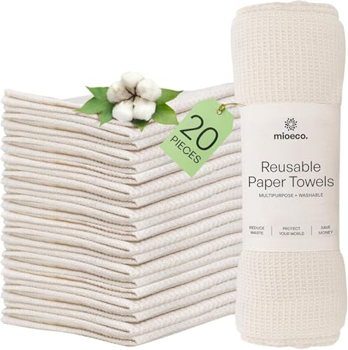 mioeco 20 Pack Reusable Kitchen Paper Towels Washable - Super Absorbent Natural unPaper Towels - Natural Cotton - Reusable, Paperless Kitchen Dish Cloths - 100% Organic