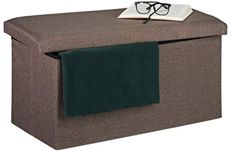 Relaxdays Sitzbank mit Stauraum, Leinen-Optik, gepolstert, Flur, Schlafzimmer, Truhenbank, HBT 38x76,5x38,5cm, Graubraun