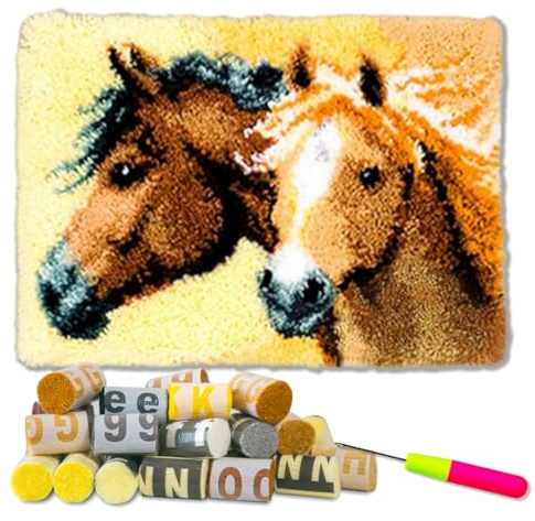 DL-YTG Latch Hook Kits Rug Couple Horse Crochet Yarn Cushion Colour Pre-Printed Canvas Cover Rug Needlework DIY Hook and Latch Kit Christmas Home Decoration 52x38cm/20 X15inch