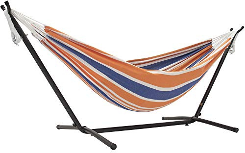 Vivere UHSDO8-40 Doppel Baumwolle Hängematte mit Hängemattengestell 250 cm, Orange Punch