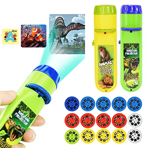 Yeelan 2PCS Projector Torch Projection Light Torches lamp Flashlight Dinosaur, Sea Animals, Space, Animal, 26 Letter Educational Learning Bedtime Night Light for Child,Kids (120 Images, 5 Themes)