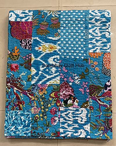 Multi Floral sortierte Baumwolle Patchwork Kantha Quilt Home Dekorative handgemachte Patch Gesteppt King Size Bohemian Bettwäsche Überwurf Decke Vintage Quilt (Türkis, 152,4 x 228,9 cm)