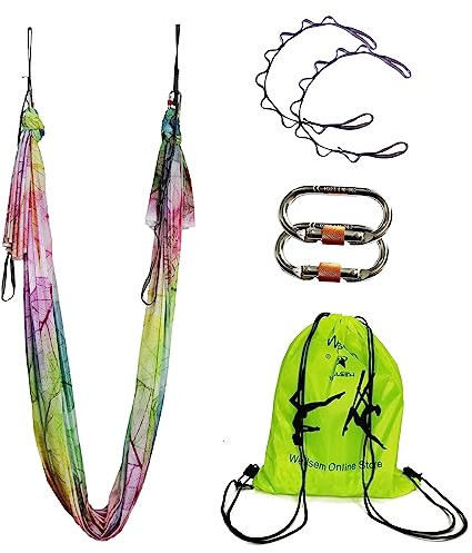 Aerial Yoga Hammock Aerial Pilates Silk Yoga Swing Set include Carabiners daisy Chain, Pose Guide 5.5 yards Set (Colorful Leaf)