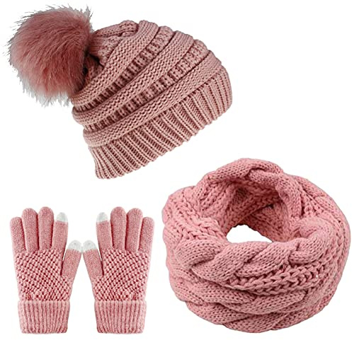 CheChury Strickmütze Schal Touchscreen Handschuhe Thermosocken Set Damen Beanie Gestrickt Winter Fleece Pompom Winterschal Kombi Wintersocken Set Loop Grobstrick Kombi Sets Loop Schal Geschenk