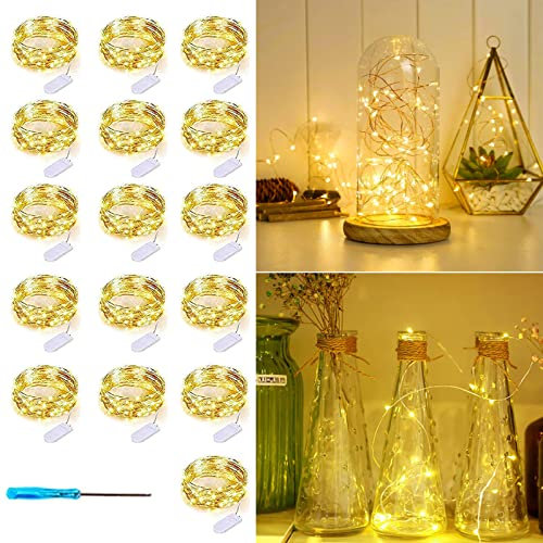 16 Pack 10ft 30 LED Fairy Lights Battery Operated Waterproof Silver Wire Mini String Lights Firefly Starry Moon Lights for Jars DIY Wedding Party Bedroom Patio Decor, Gifts for Women(Warm White)