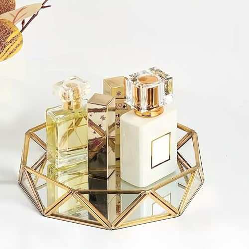SLHEQING Spiegeltablett Gold, Vintage Dekotablett Parfüm Tablett Kosmetik Schmuck als Schminktisch Aufbewahrung