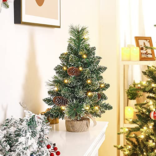 Yorbay Mini Weihnachtsbaum mit 20 warmweiß LEDs und Schnee, Tannenbaum mit Zapfen mit weißer Spitze, Tannenzapfen mit Glitzerzweigen und Taschenboden aus Stoff für Weihnachten, Advent, ca. 40cm