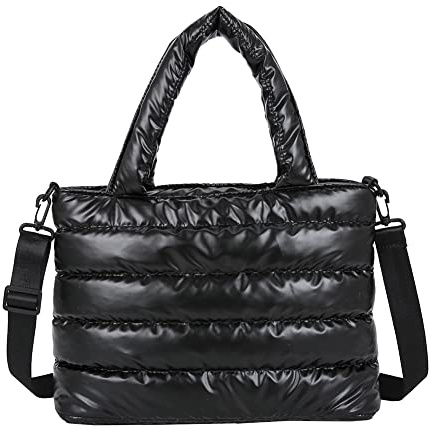 GSenhui Bolso de mano suave para mujer, bolso acolchado de hombro, bolso de algodón de nailon, bolsa de gran tamaño, color liso, correa ancha para trabajo, viajes, escuela, Schwarz