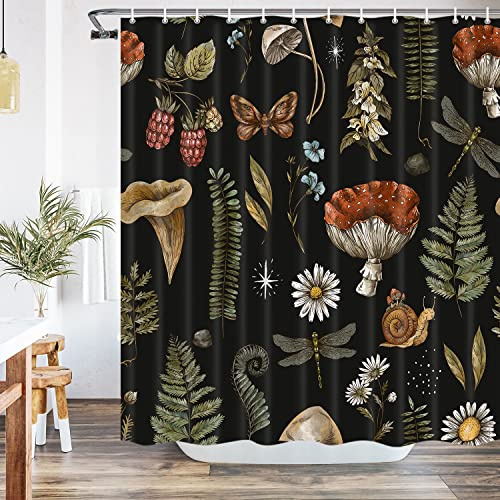 Voshin Vintage Mushroom Shower Curtain Botanical Mushroom Fern Forest Plants Fabric Shower Curtains for Bathroom Boho Shower Curtain Set with Hooks, Black, 69 X 70 Inches