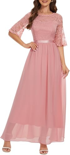 Wedtrend aftonklänning elegant för bröllop, elegant maxi, spetsklänning, rund hals, cocktailklänning, chiffongklänning med utsvängda ärmar, Blush, XXL