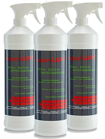 COAT-UP Beton- und Steinimprägnierung 3 x 1000 ml, Wasser-, Schmutz- und Ölabweisend, vorbeugend gegen Grünbelag, Verschmutzungen & Schimmel, extremer Abperleffekt, Atmungsaktiv und Farbneutral